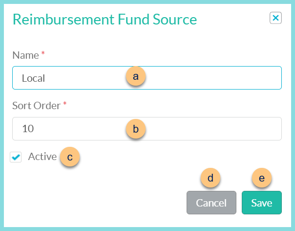 A screenshot of the Reimbursement Fund Source modal as described on this page.