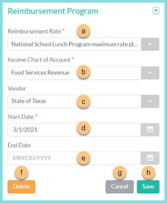 A screenshot of the Reimbursement Program modal as described on this page.