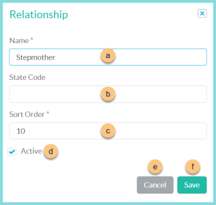 A screenshot of the Relationship modal as described on this page.