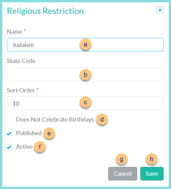 A screenshot of the Religious Restriction modal as described on this page.