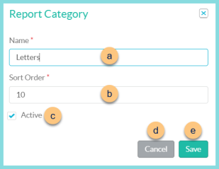 Screenshot of the Edit Report Categories modal as described on this page.