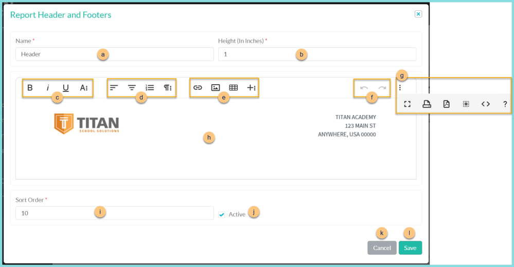 A screenshot of the report header and footer modal as described on this page.