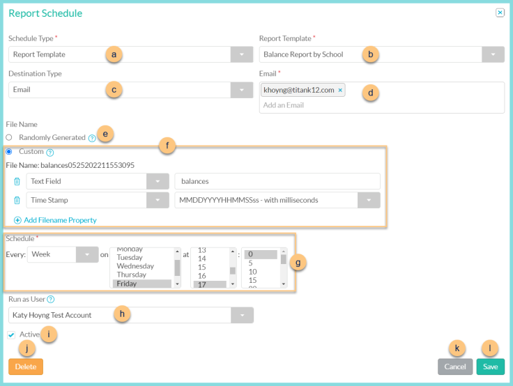 A screenshot of the report schedule modal as described on this page.