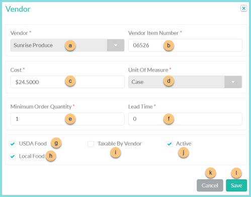 Screenshot of the Vendor modal to edit pricing information as described on this page.