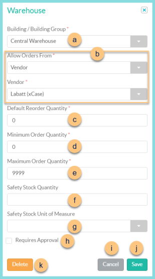 A screenshot of the modal used for editing an existing warehouse rule as described on this page.