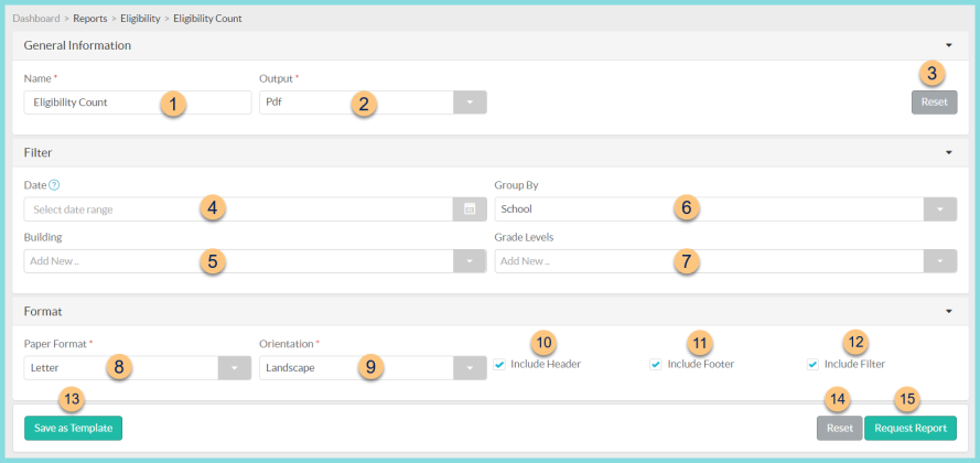 A screenshot of the eligibility count report configuration as described on this page.