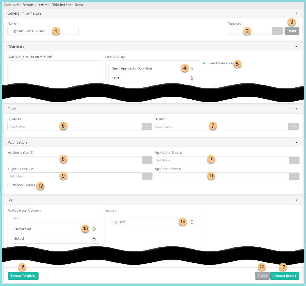Screenshot of the Eligibility Letters configuration as described on this page.