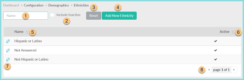 A screenshot of the ethnicities configuration screen as described on this page.
