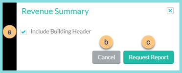 A screenshot of the revenue summary export modal as described on this page.