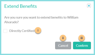 A screenshot of the extend benefits confirmation modal as described on this page.