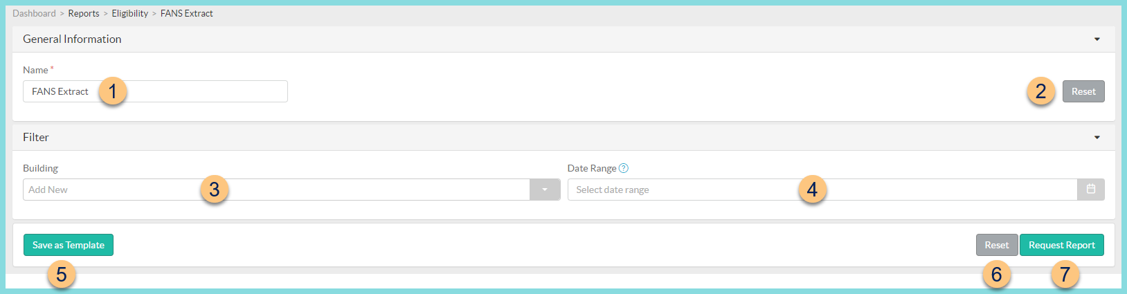 A screenshot of the FANS extract report configuration as described on this page.