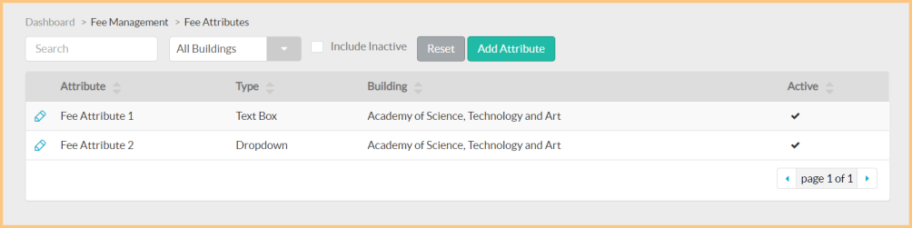A screenshot of the fee attributes screen as described on this page.