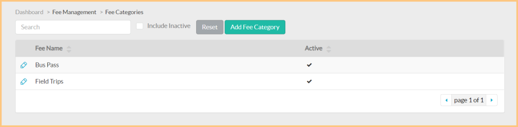 A screenshot of fee categories as described on this page.