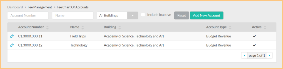A screenshot of the fee chart of accounts as described on this page.
