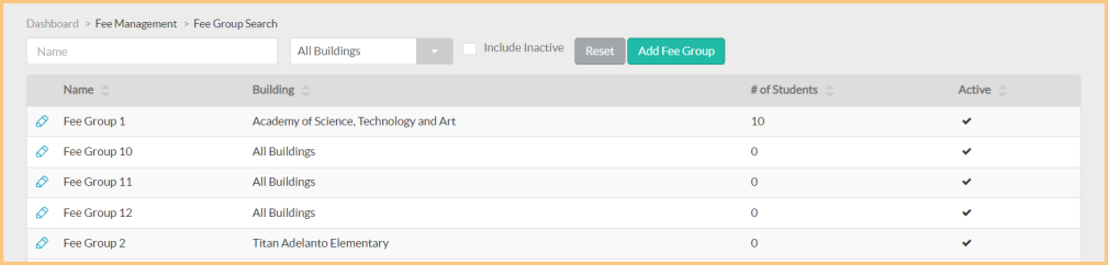 A screenshot of the fee group search screen as described on this page.