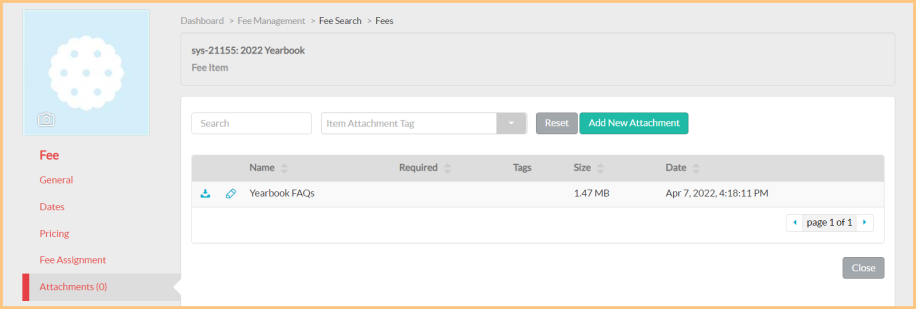 A screenshot of the fee attachment screen as described on this page.