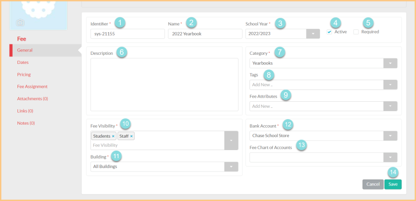 A screenshot of the fee general information screen as described on this page.