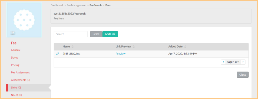 Screenshot of the Fee Management Links tab as described on this page.