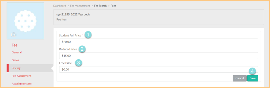 A screenshot of the fee pricing tab as described on this page.