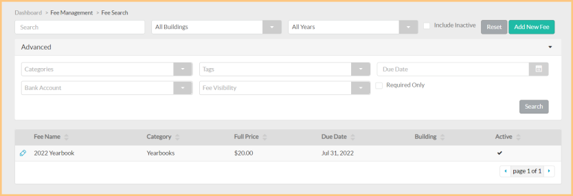 Screenshot of the Fee Search screen as described on this page.
