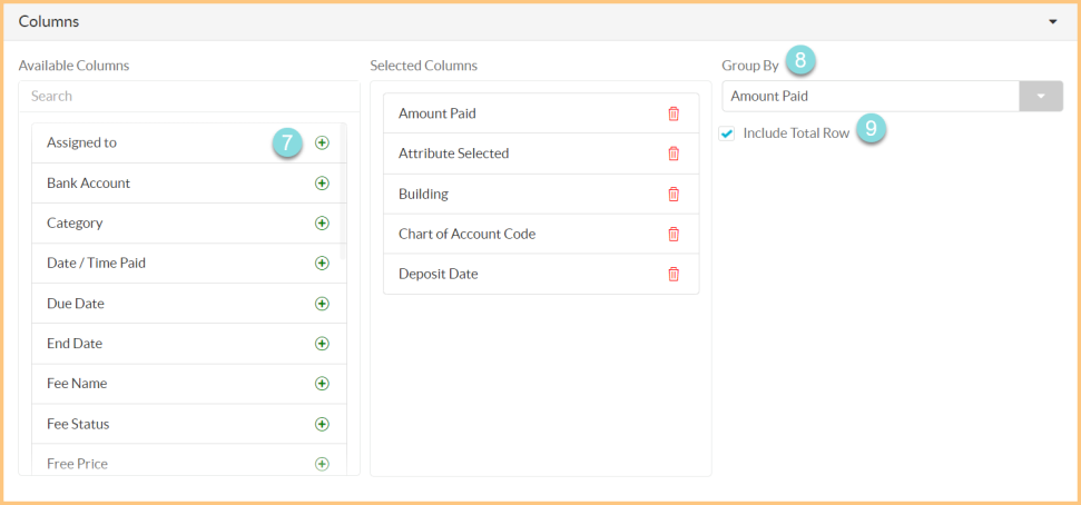 Screenshot of the available columns for the Fee Report as described on this page.