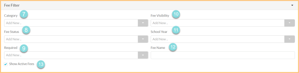 Screenshot of the Fee Filter on the Fee Report as described on this page.