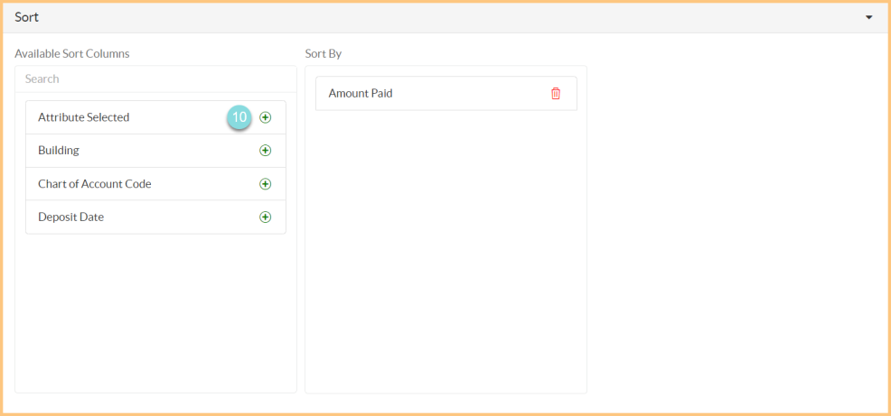 Screenshot of the available sort columns for the Fee Report as described on this page.