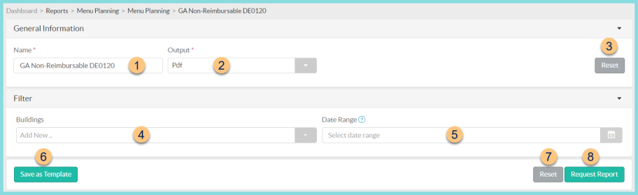 Screenshot of the GA Non-Reimbursable DE0120 Report configuration as described on this page.