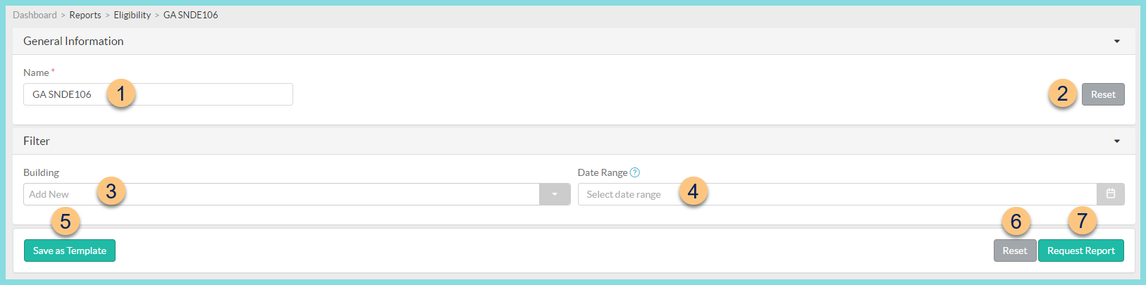A screenshot of the GA SNDE106 report configuration screen as described on this page.