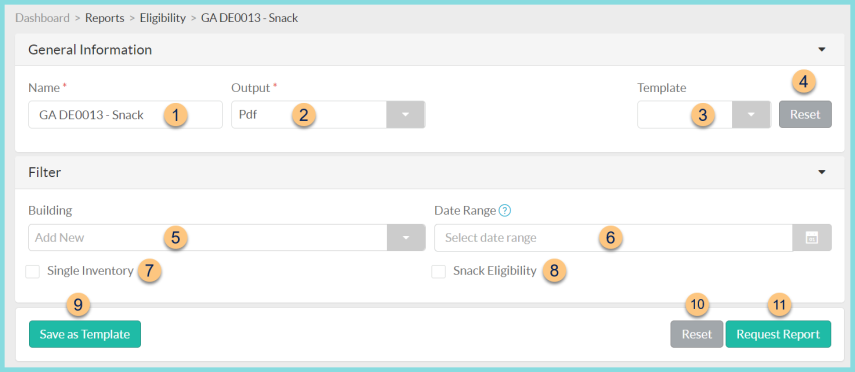 Screenshot of the GA DE0113 Snack General Information and Filter configuration settings as described on this page.