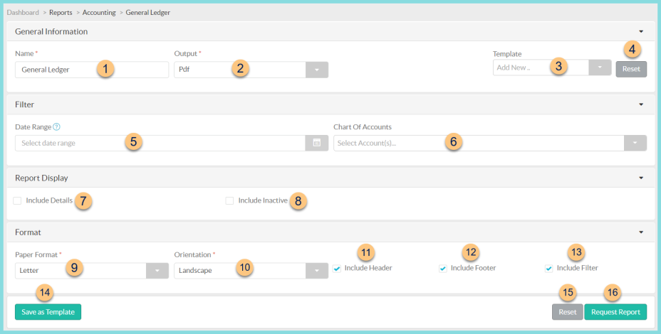 Screenshot of the General Ledger Report configuration as described on this page.
