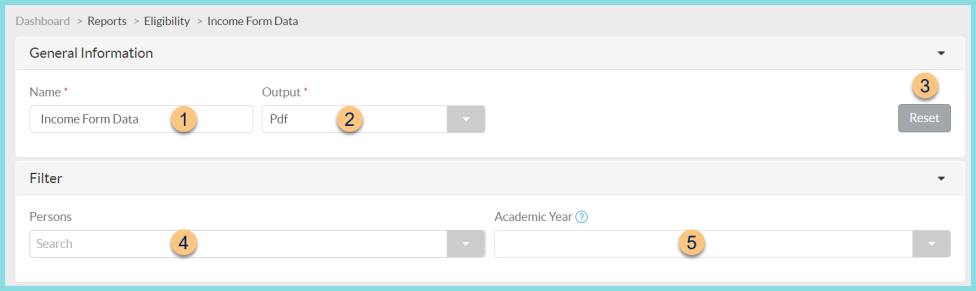 A screenshot of the income form data report configuration screen as described on this page.