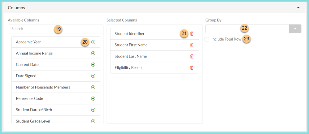 A screenshot of available columns to add to the income form data report as described on this page.