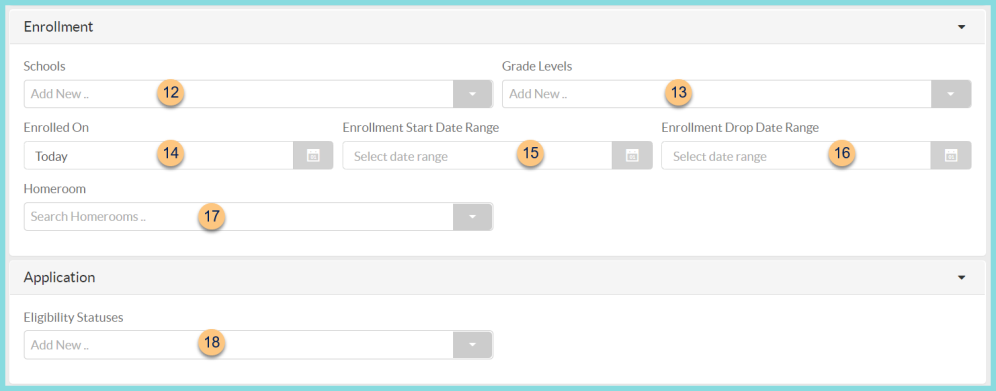 A screenshot of the enrollment and application fields on the income form data report configuration screen as described on this page.