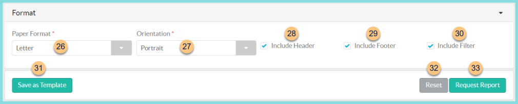 A screenshot of the income form data report output paper format options as described on this page.