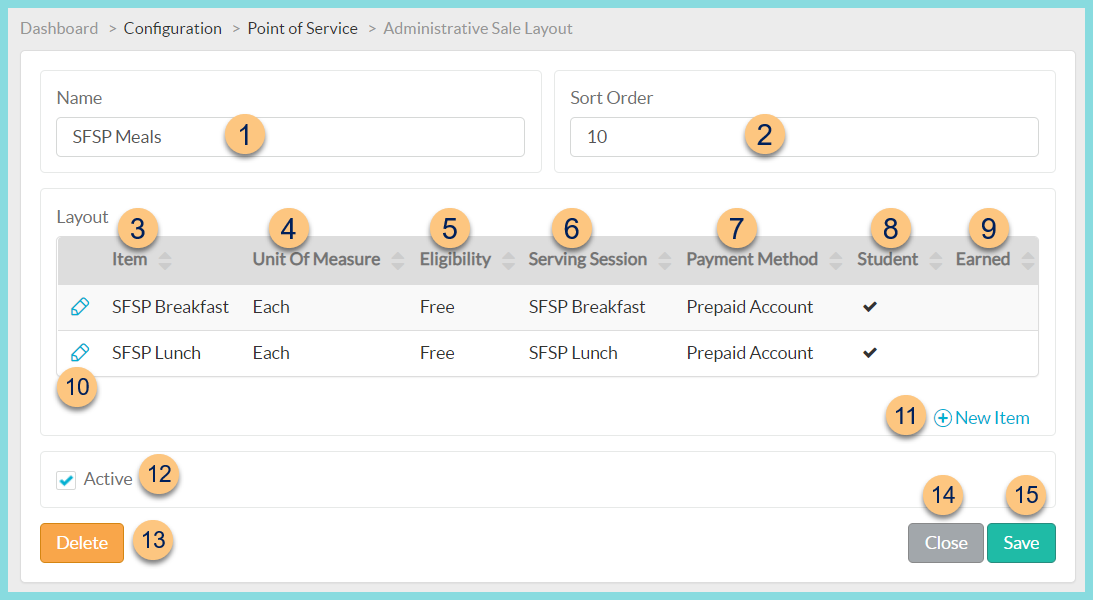 Screenshot of editing an existing administrative sale layout as described on this page.