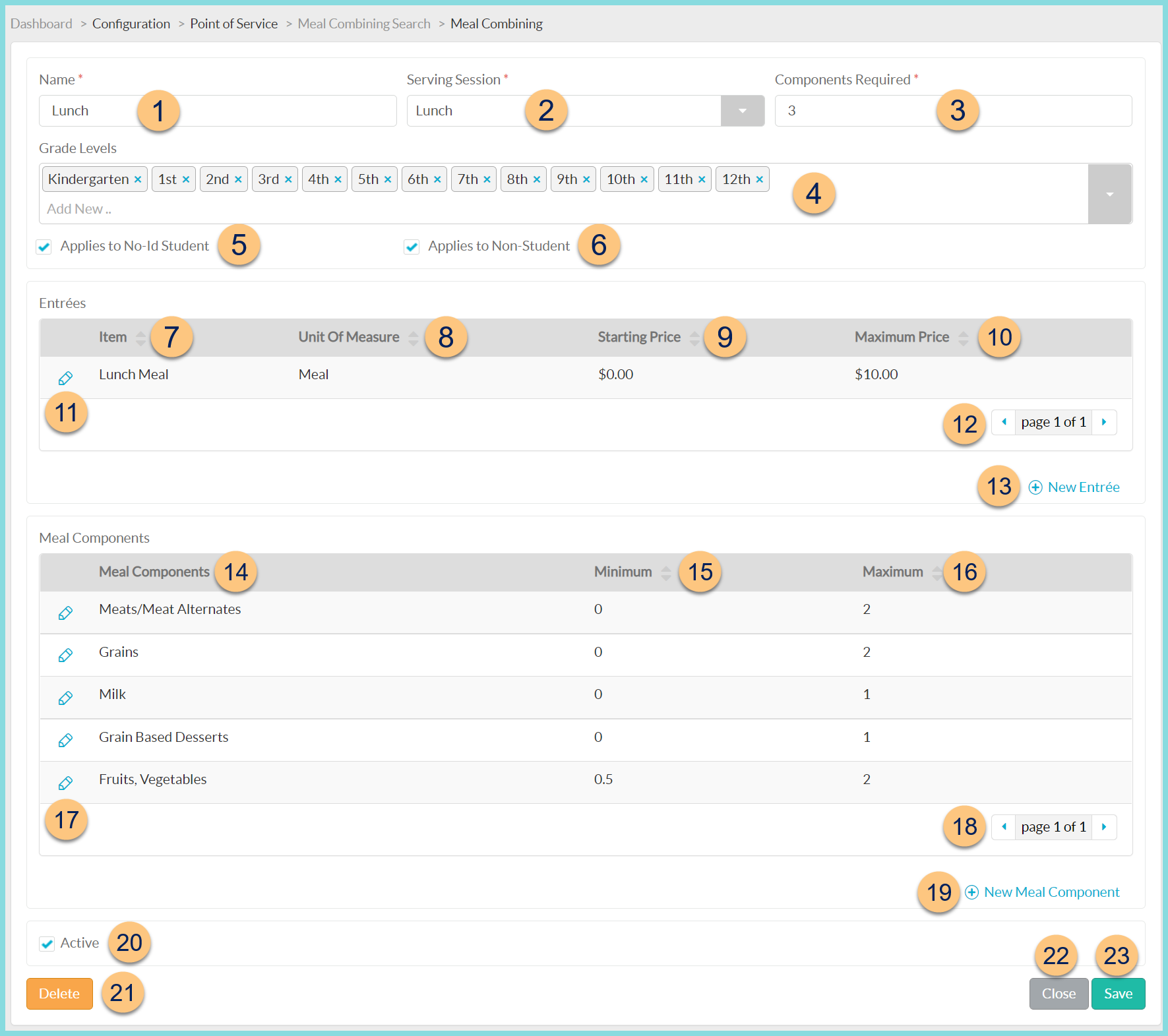 A screenshot of an existing meal combining configuration details screen as described on this page.