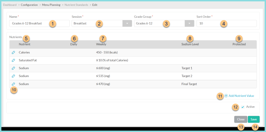 Screenshot of the Individual Nutrient Standards screen as described on this page.