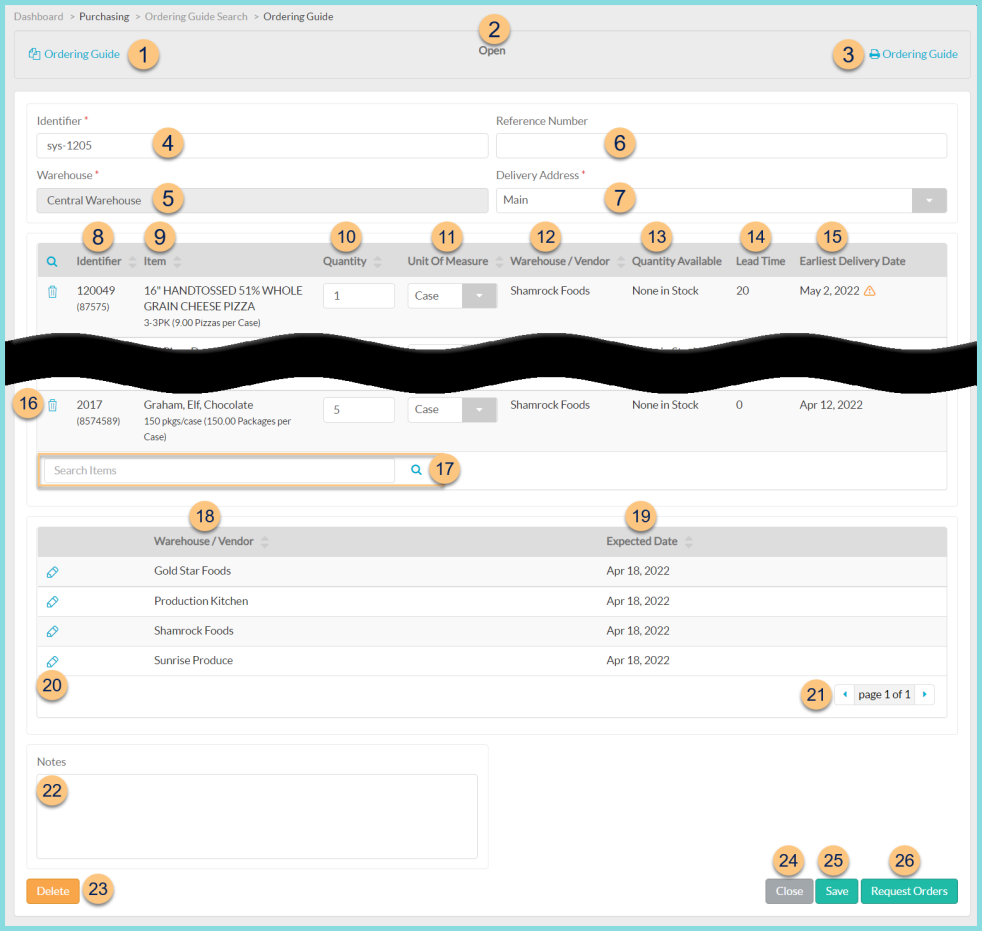 A screenshot of an example ordering guide as described on this page.