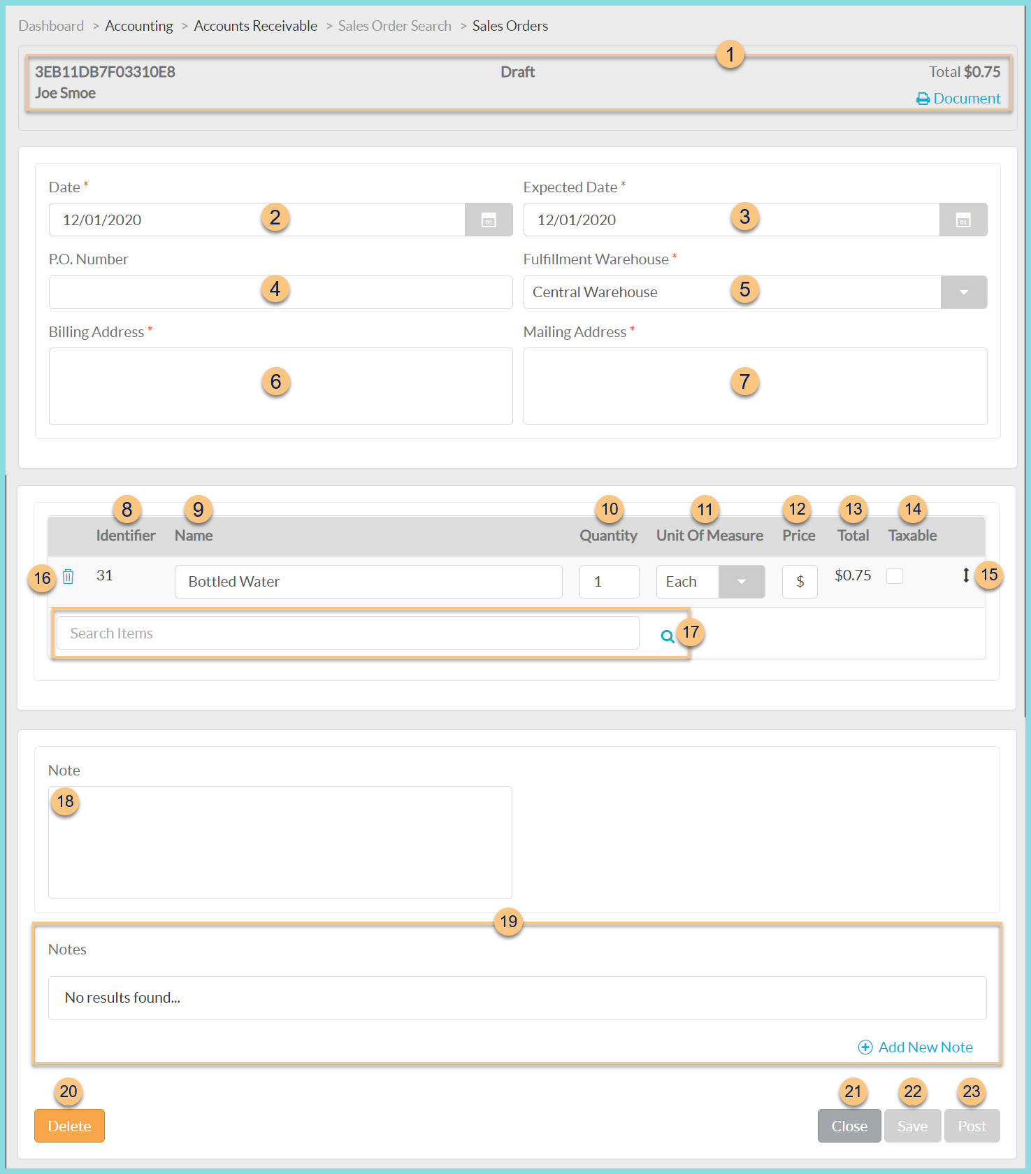 A screenshot of an example sales order as described on this page.