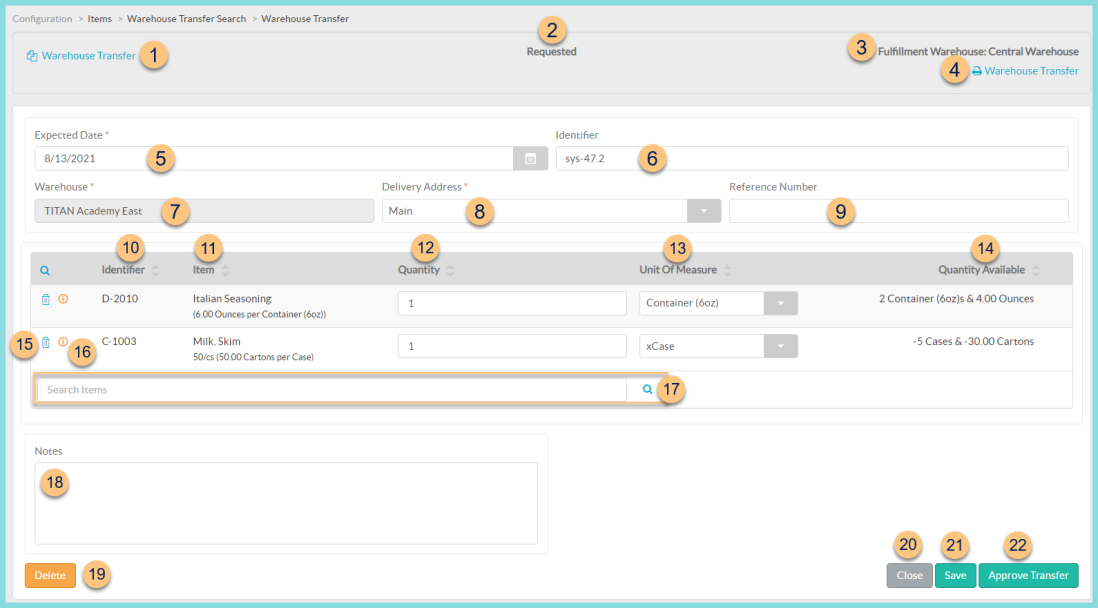 Screenshot of the Individual Warehouse Transfer screen as described on this page.
