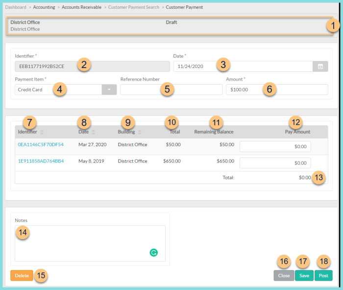 Screenshot of the Individual Customer Payment screen as described on this page.