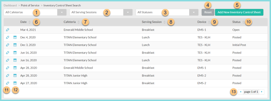 A screenshot of the inventory control sheet screen as described on this page.