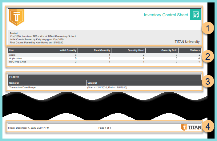 A screenshot of the Inventory Control Sheet report as described on this page.