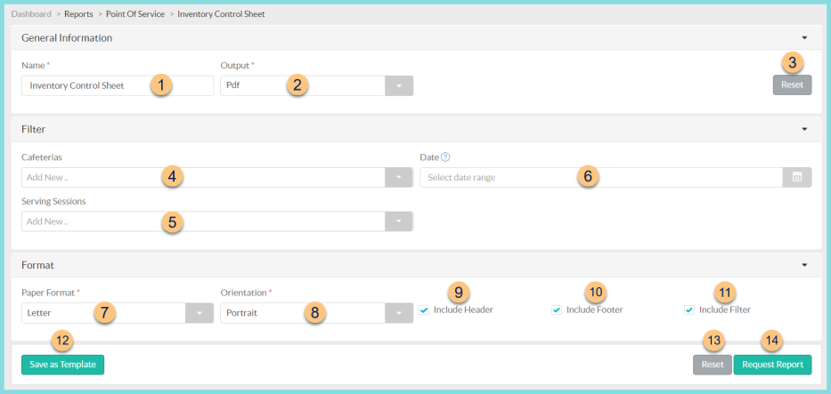 A screenshot of the Inventory Control Sheet report configuration screen as described on this page.