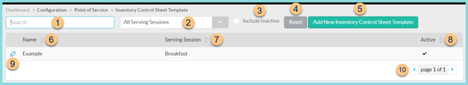 Screenshot of the Inventory Control Sheet Template screen as described on this page.