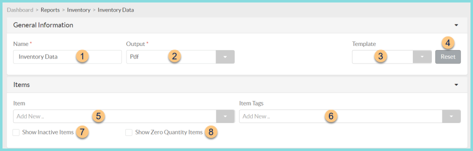 A screenshot of the inventory data report configuration screen as described on this page.