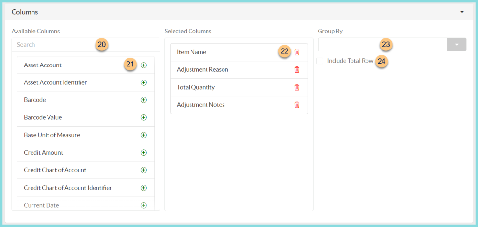 A screenshot of the available inventoy data report columns as described on this page.