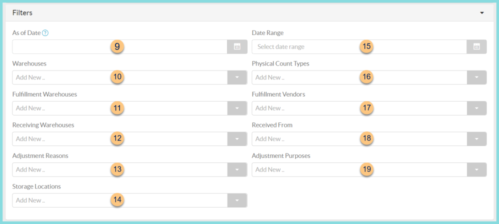 A screenshot of the available inventory data report filters as described on this page.