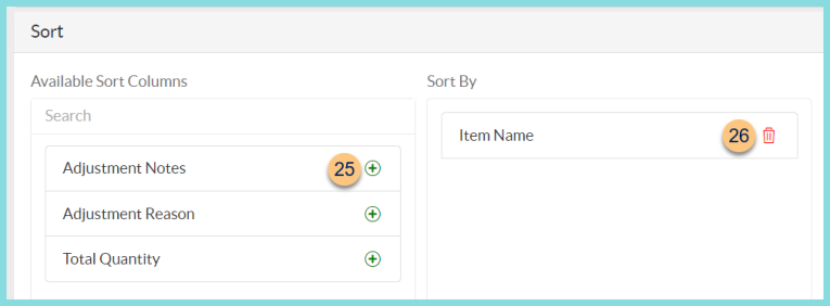 A screenshot of the available sort columns for the inventory data report as described on this page.